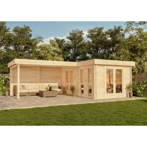 Carlsson Flachdach Gartenhaus Modell Quinta ISO aus Holz Holzhaus mit Schleppdach Freizeithaus mit Terrasse Blockbohlenhaus, 44 mm, naturbelassen