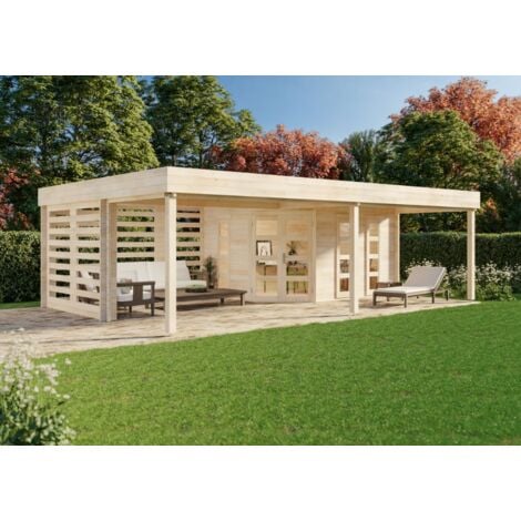 Carlsson Gartenhaus Panama-40 aus Holz Holzhaus 40 mm Wandstärke mit Schleppdach Blockbohlenhaus, Naturbelassen, Mit waagerechter Lamellenawand
