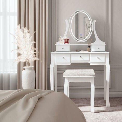 main image of "CARME Luna White Hollywood LED Dressing Table with Mirror Stool Makeup Jewellery"