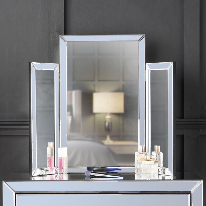 Carme Home - CARME Paloma Tri-Fold Mirror Bevelled Glass Design Folded Tabletop Makeup Bedroom Dressing Vanity Table (Grey)