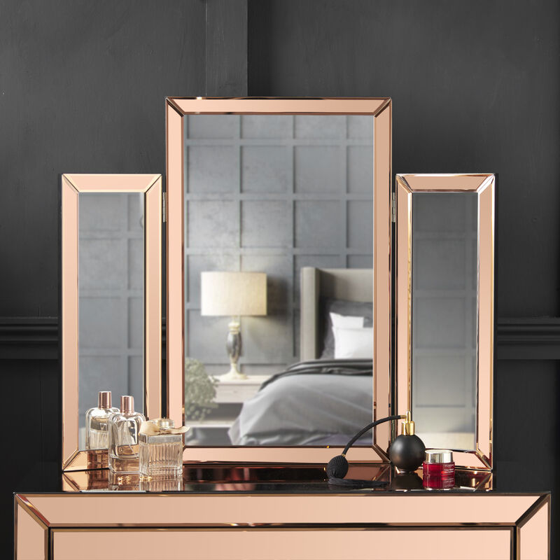 Carme Home - CARME Paloma Tri-Fold Mirror Bevelled Glass Design Folded Tabletop Makeup Bedroom Dressing Vanity Table (Rose Gold)