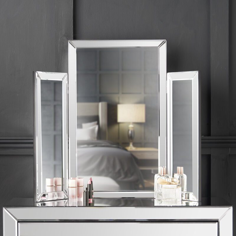 Carme Home - CARME Paloma Tri-Fold Mirror Bevelled Glass Design Folded Tabletop Makeup Bedroom Dressing Vanity Table (Silver)
