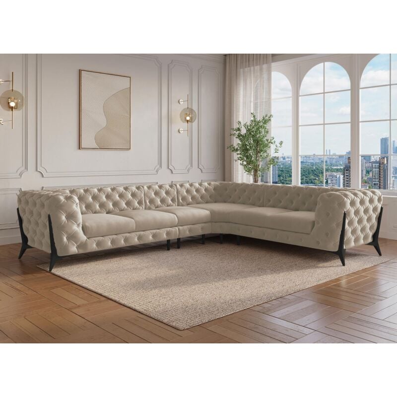 Deco In Paris - carmen - Canapé capitonné chesterfield d'angle réversible en velours beige carmen