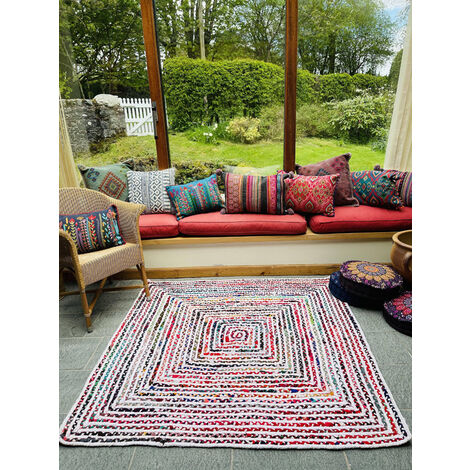 CARNIVAL White Cotton Braided Rug with Multi Colour Fabric