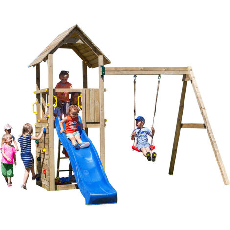 Carol Adventure Peaks Fortress 2 with Blue Slide - Outdoor Play Set - Pressure Treated Wood - L345.3 x W193.5 x H210 cm
