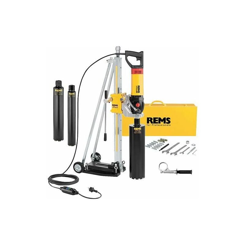 carotteuse a diamant Rems Picus S3 Set avec support de forage et 3 couronnes a fleurets. D 62/82/132mm