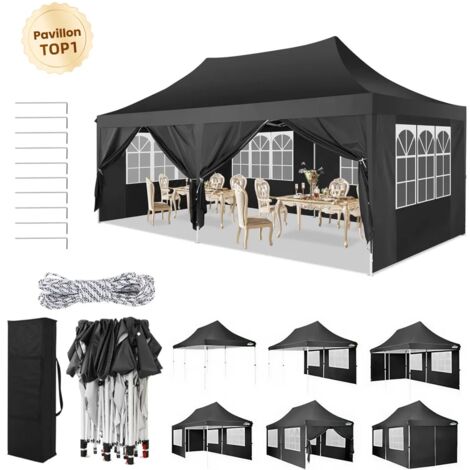Carpa de jardín plegable 3x6M Protección UV impermeable, Barnum plegable para bodas, picnics, mercados, camping con 6 paredes laterales desmontables, Negro