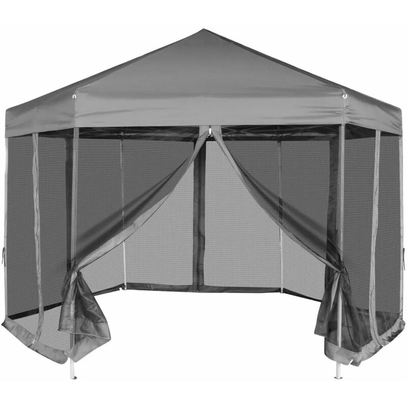 

Carpa hexagonal desplegable con 6 paredes laterales gris 3,6x3,1 m