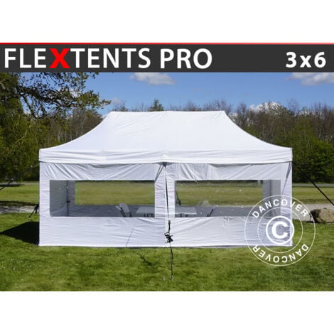 Carpa para visitas FleXtents PRO 3x6m Blanco. Se incluyen 6 muros laterales y 1 tabique transparente