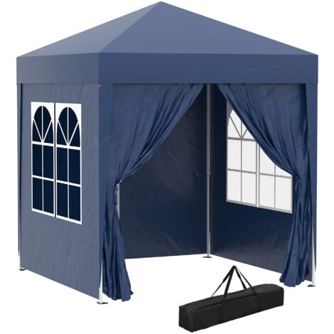 Carpa plegable 2x2 m cenador de jardín con 4 paredes laterales tela Oxford 2 puertas 2 ventanas y bolsa de transporte azul
