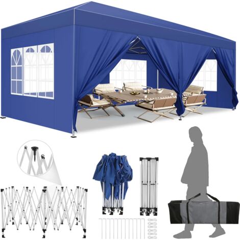 Carpa plegable de jardín. Gazebo impermeable plegable 3x6m con paneles laterales. Carpa de exterior. Altura ajustable. Protección UV 50+. y agua, Barnum plegable para bodas, picnics, mercados, Azul os