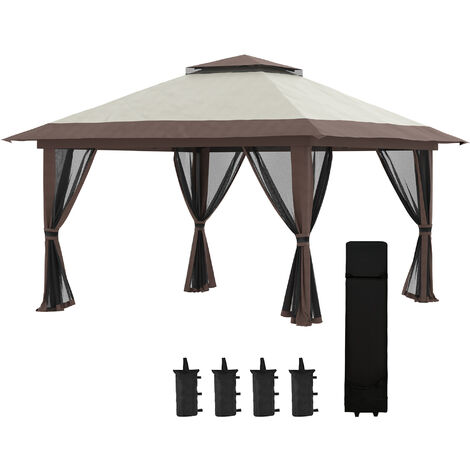 Carpa plegable pop-up 4x4x2,8 m cenador de jardín con paredes altura ajustable protección UV50+ doble techo mosquiteras y bolsa de ruedas beige