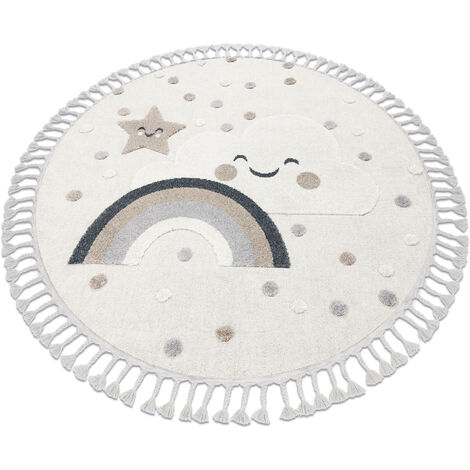 Carpet YOYO EY78 circle white / beige - Cloud, Rainbow, dots for children, structural, sensory Fringes beige round 160 cm