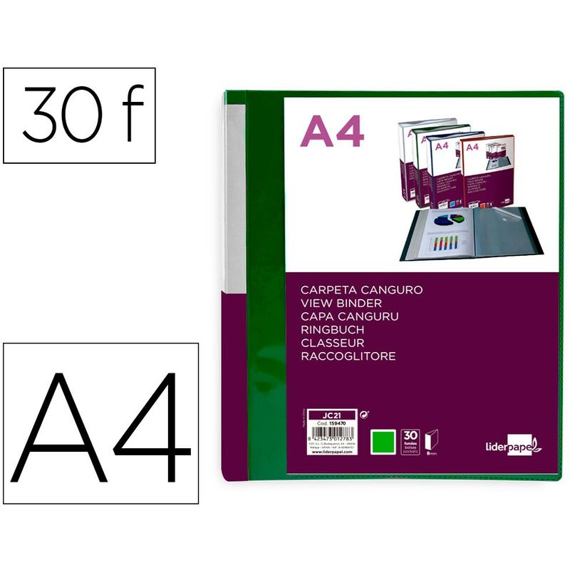 

Carpeta 30 fundas canguro pp din a4 verde translucido portada y lomo personalizable - Liderpapel