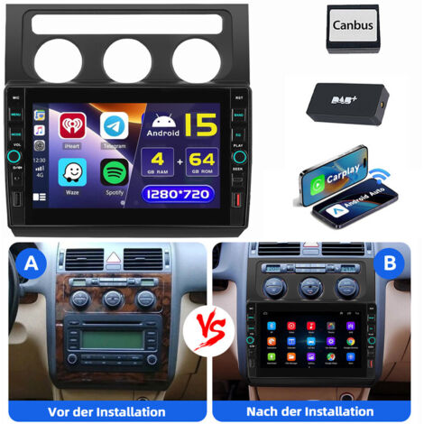 Carplay Android 15 Autoradio GPS WIFI USB Type-C Pour VW Touran 1T1 1T2 1T3 2003-2010 4+64G DAB