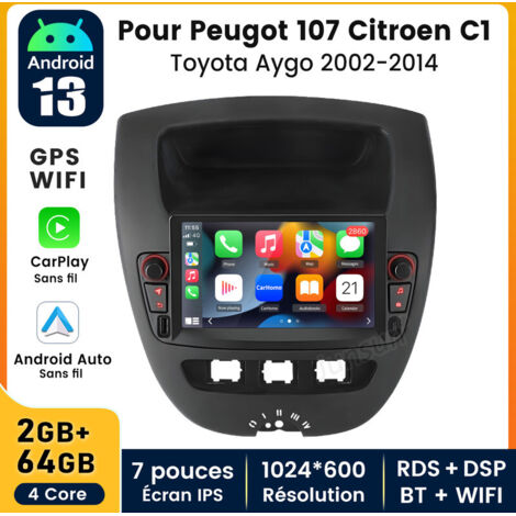 Carplay Autoradio pour Peugeot 107 Citroen C1 Toyota Aygo 2005-2014 écran 7 pouces Android 14 2+64G JUNSUN