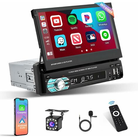 1din Car Stereo Sans Fil Carplay Android Auto 7in Électrique Flip Out Écran Tactile  Autoradio Bluetooth Miroir Link Caméra