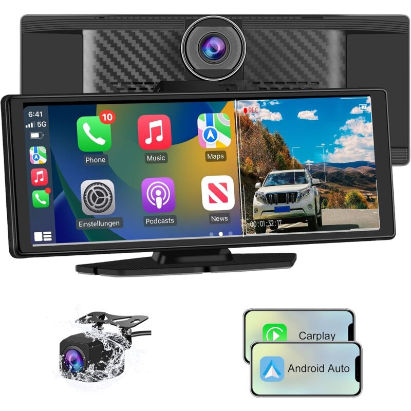 Carplay sans Fil et Android Auto,Stéréo Carplay Voiture avec Dashcam Avant 4K, Caméra Arrière 1080P Inclus, 10,26 Pouces Écran Tactile Commande