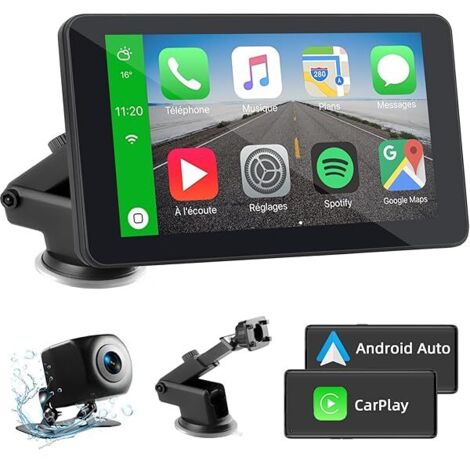 Carplay Voiture pour sans Fil Carplay & Android Auto, 7 Pouces Ecran Carplay Voiture Portable, Drive Buddy Carplay avec Camera de Recul, Bluetooth, Mirrorlink, Assistant Vocal, GPS, FM, AUX