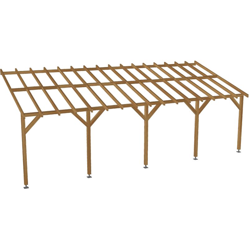 Carport adossé 8x3 - Pente 30% - Bois massif traité CL3 Marron - Durable + Vis & pieds de poteaux réglables