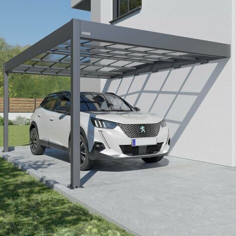 Carport aluminium, préau, abri à deux voitures, adossé à un mur de maison,  avec panneaux en…