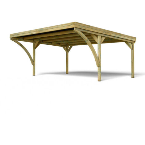 Cerland – Carport double 604x512x274 cm – Pin traité autoclave classe 3 – Surface utile 29,2 m² – Toit plat en polycarbonate opaque