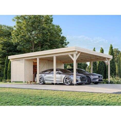 Carport en bois 40,6 m² pour 2 voitures – Abri latéral fermé 10,7 m² – Hauteur passage 2,21 m – Toiture plate moderne – Palmako