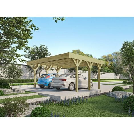Carport pergola double autoporté en bois traité - 2 voitures - 30 m² - ARIANE - Naturel foncé