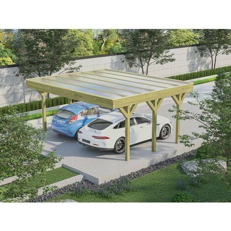 Carport pergola double autoporté en bois traité - avec toit en PVC - 2 voitures - 30 m² - ARIANE - Naturel foncé