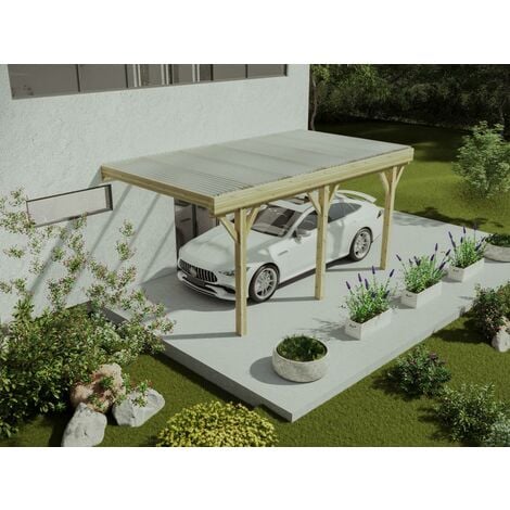 Carport pergola simple adossé en bois traité - avec toit en PVC - 1 voiture - 15 m² - HELENE - Naturel foncé