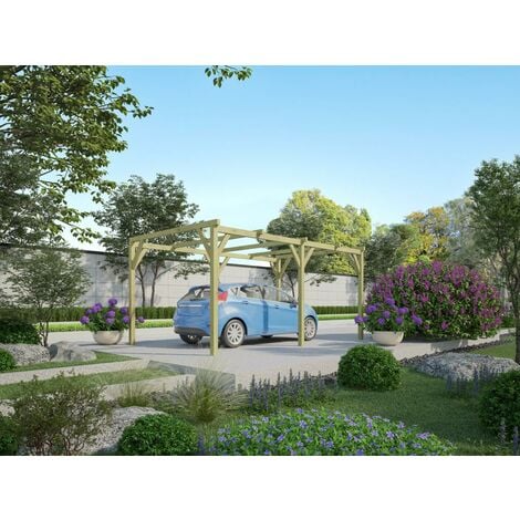 Carport pergola simple autoporté en bois traité - 1 voiture - 15 m² - ACHILLE - Naturel foncé