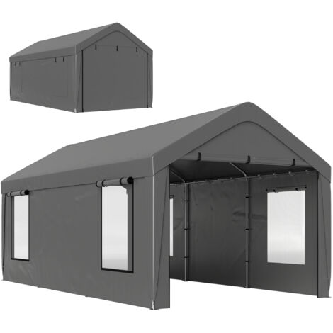 Carport tente de garage 3 x 6 m avec parois latérales amovibles, 2 portes enroulables et 4 fenêtres, gris foncé