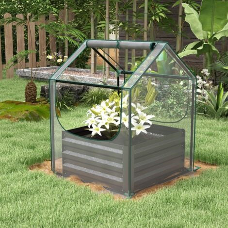 Carré potager de jardin avec mini serre, jardinière surélevée en acier galvanisé, 70 x 70 x 90 cm, gris foncé