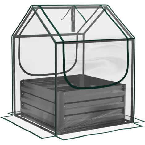Carré potager de jardin avec mini serre, jardinière surélevée en acier galvanisé, 70 x 70 x 90 cm, gris foncé