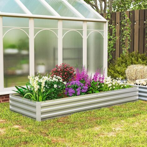 Carré potager de jardin rectangulaire jardinière extérieure 241 x 90,5 x 30 cm tôle d'acier ondulée argent