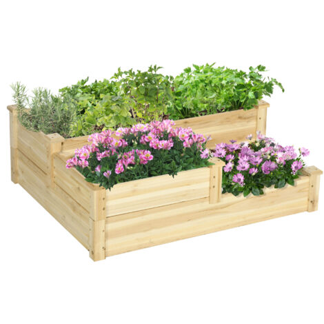 Carré potager en bois jardinière extérieure en escalier 3 niveaux design sans fond 108 x 88 x 36 cm bois naturel