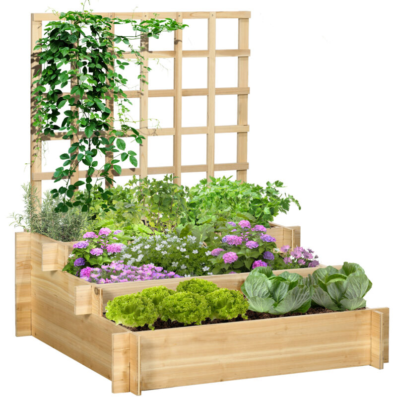 Carré potager jardinière à 3 étages avec treillis lit surélevé en bois pour plantes grimpantes légumes fleurs naturel-Bois naturel