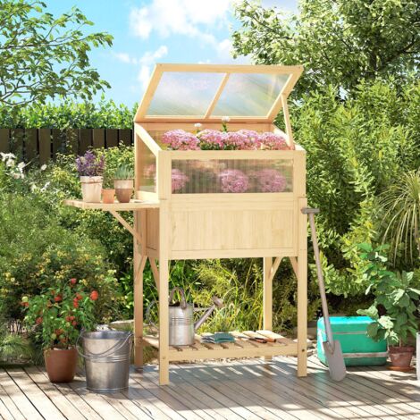 Carré potager sur pieds avec serre. jardinière surélevée. table latérale pliante et étagère. 104x50x120cm. bois naturel