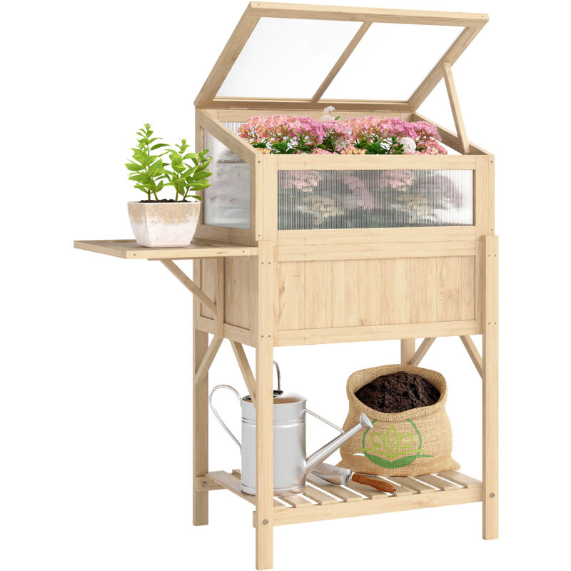 Carré potager sur pieds avec serre - Outsunny - table latérale pliante, étagère de rangement - en bois - 104x50x120cm - bois naturel