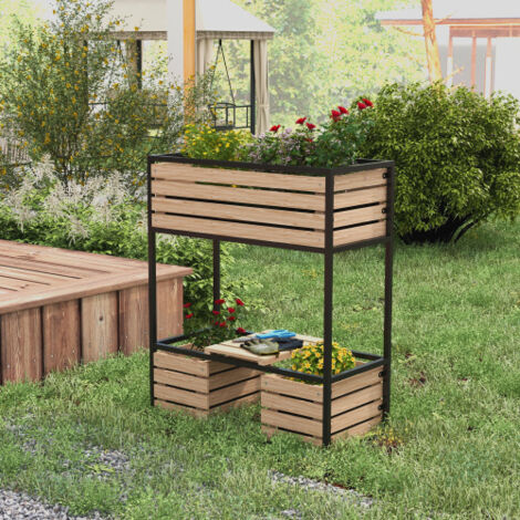 Carré potager surélevé 2 niveaux en bois 83x39x100 cm avec étagère, bac à plantes avec feutre, marron