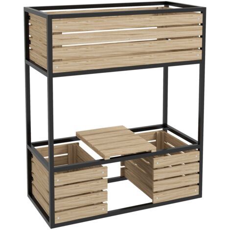 Carré potager surélevé 2 niveaux en bois avec étagère - Bac à fleurs 83x39x100 cm marron clair