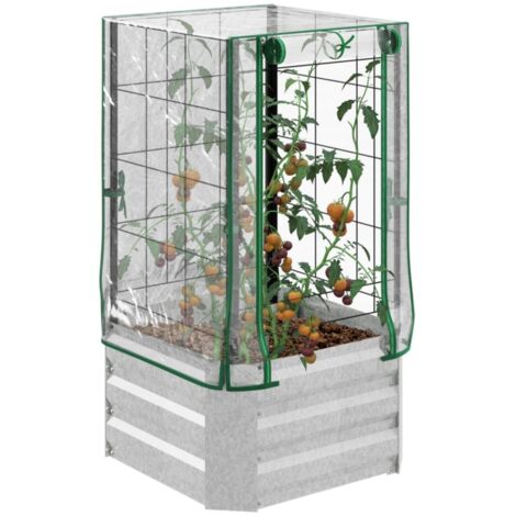 Carré potager surélevé 53x53x90 cm avec treillis et couvercle plastique - Jardinière balcon et terrasse pour plantes grimpantes - Argent