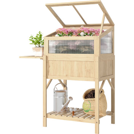 Carré potager surélevé avec serre, table pliante latérale et étagère, 104x50x120cm, bois naturel