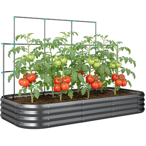 Carré potager surélevé avec treillis pour vignes et fond ouvert en métal, 220x110x150 cm, gris foncé