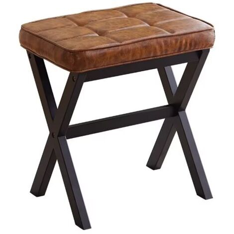 Carré PU Pied Tabouret avec Pieds en bambou X, Multifonctionnel utilisé comme Petite Table d'appoint, Tabouret de Marche pour Salon, Brun foncé