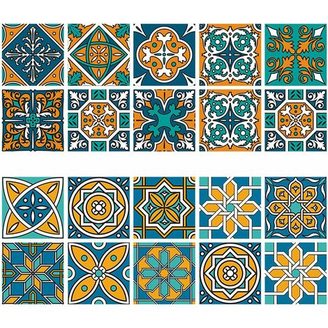 Carreau de Ciment Adhesif 20 Pièces Autocollant Carreau Ciment Cuisine Stickers Carreaux de Ciment Stickers Salle de Bain Carrelage pour Sol, Escalier, Salon, Baignoire, Placard, 15X15CM -（Jaune ）