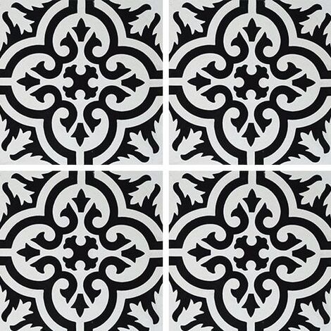 Carreau de ciment motif ancien floral noir et blanc 20x20 cm ref7900-7 - 0.48m²