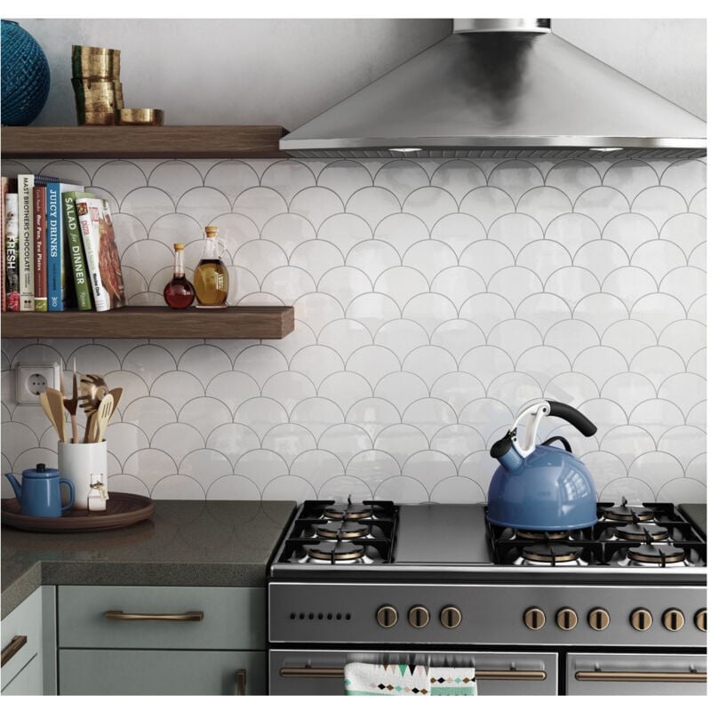 Equipe - Carrelage mural faïence effet graphique scale fan écaille 12x10,6cm Ecaille 12x10,6 cm Blanc - Brillant / Poli - boîte de 0.37 m2 - Gioia