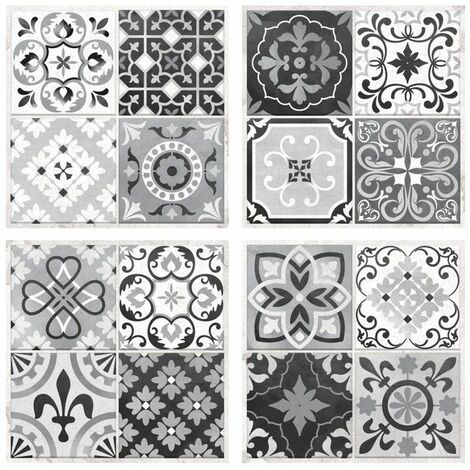 CARREAUX DE CIMENT - <p>Faïence adhésive motif carreaux de ciment noir-blanc - 4 plaques de 26x26 cm</p> - Noir