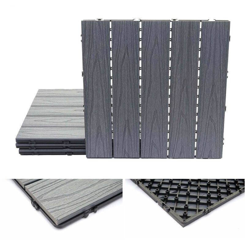 Carreaux en wpc, HWC-E21, aspect bois pour terrasse, structure 3-D, enduit gris - 4 carreaux à 50x50 cm - 1 m²